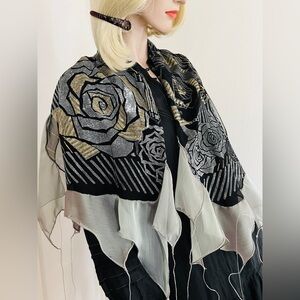 Vintage Zandra Rhodes Silk Chiffon Scarf Silver Gold Golden Signature Art Deco